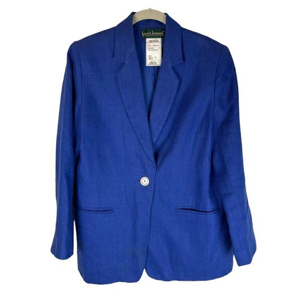 Harve Bernard vintage blue linen single button blazer shoulder pads - Picture 1 of 8